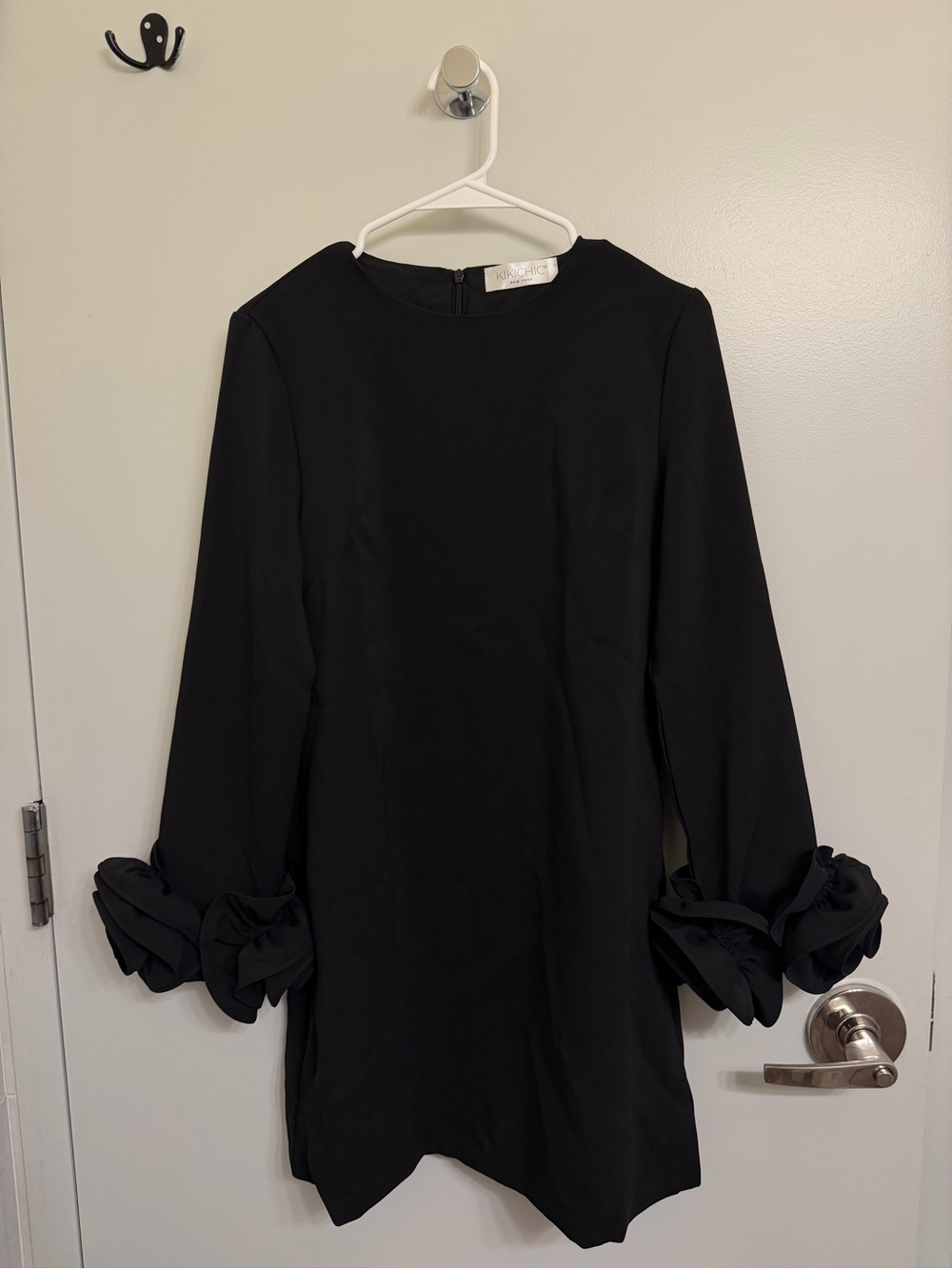 Black Long-Sleeve Mini Dress with Ruffle / Rose Cuffs NWOT